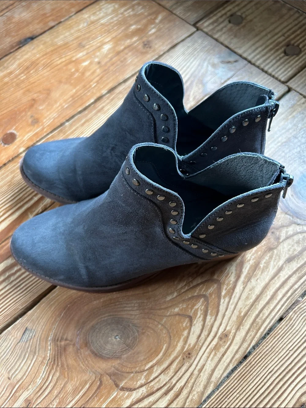 Women's Studded Suede Ankle Bootie in Dark Gray